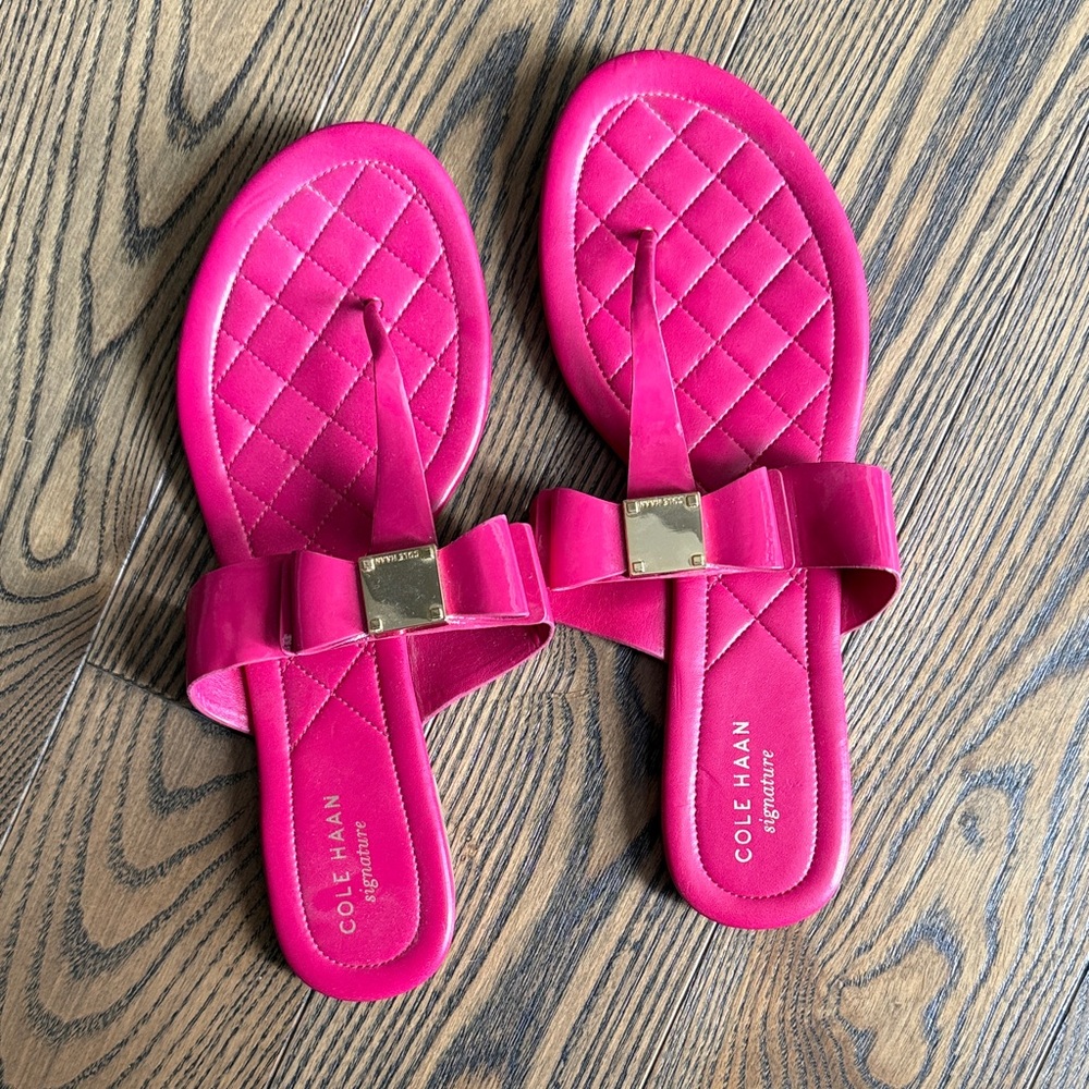 Cole Haan Hot Pink Quilted Bow Thong Sandals with Gold Accent